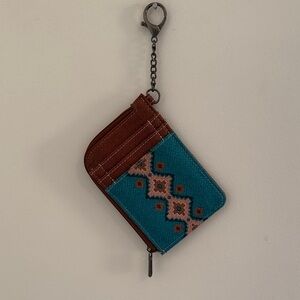 Wrangler Brown Faux Leather Card Holder with Blue Aztec Accents and Keychain